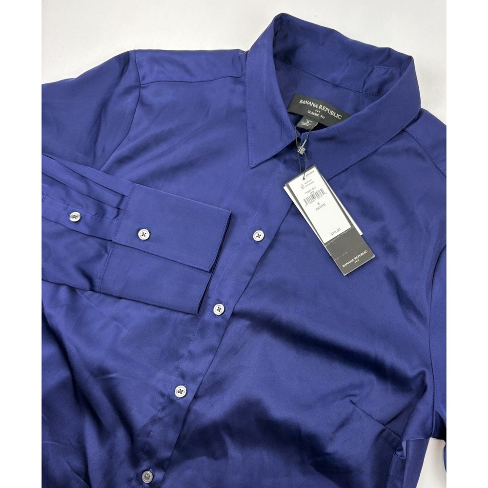 NWT Banana Republic Silky Satin Button Down Shirt Navy Blue Blouse Women's Sm.